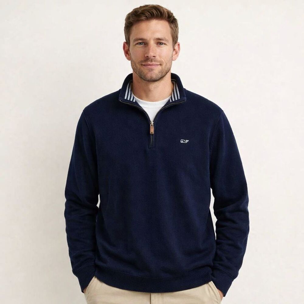 Vineyard Vines Quarter Zip Cotton Sweater Mens Sz XL Nautical Navy Whale Preppy